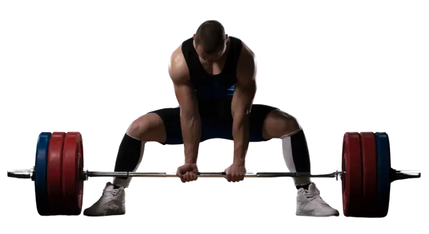 Atleta em posição de levantamento terra com barra olímpica
